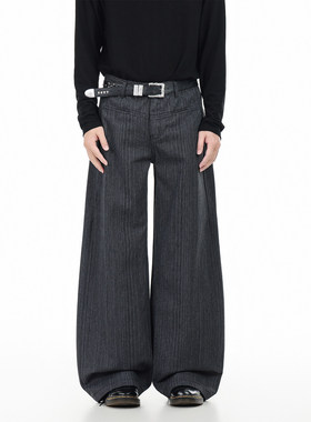 GCINIM401美式风高腰阔腿西裤男女宽松直筒灰色条纹显瘦长裤