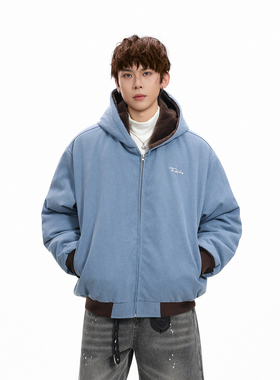 GCINIM401美式复古连帽棉衣男女水洗做旧拉链开衫情侣蓝色外套