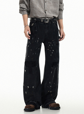 GCINIM401轻朋克风重磅破洞牛仔裤男女小众做旧黑色宽松直筒长裤