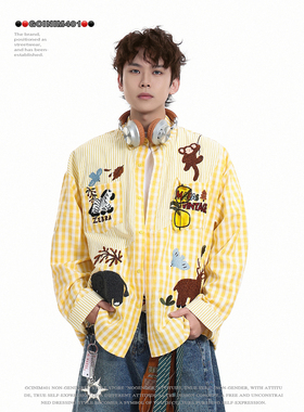 GCINIM401 卡通风黄色格子长袖衬衫男女同款宽松动漫bf风刺绣上衣