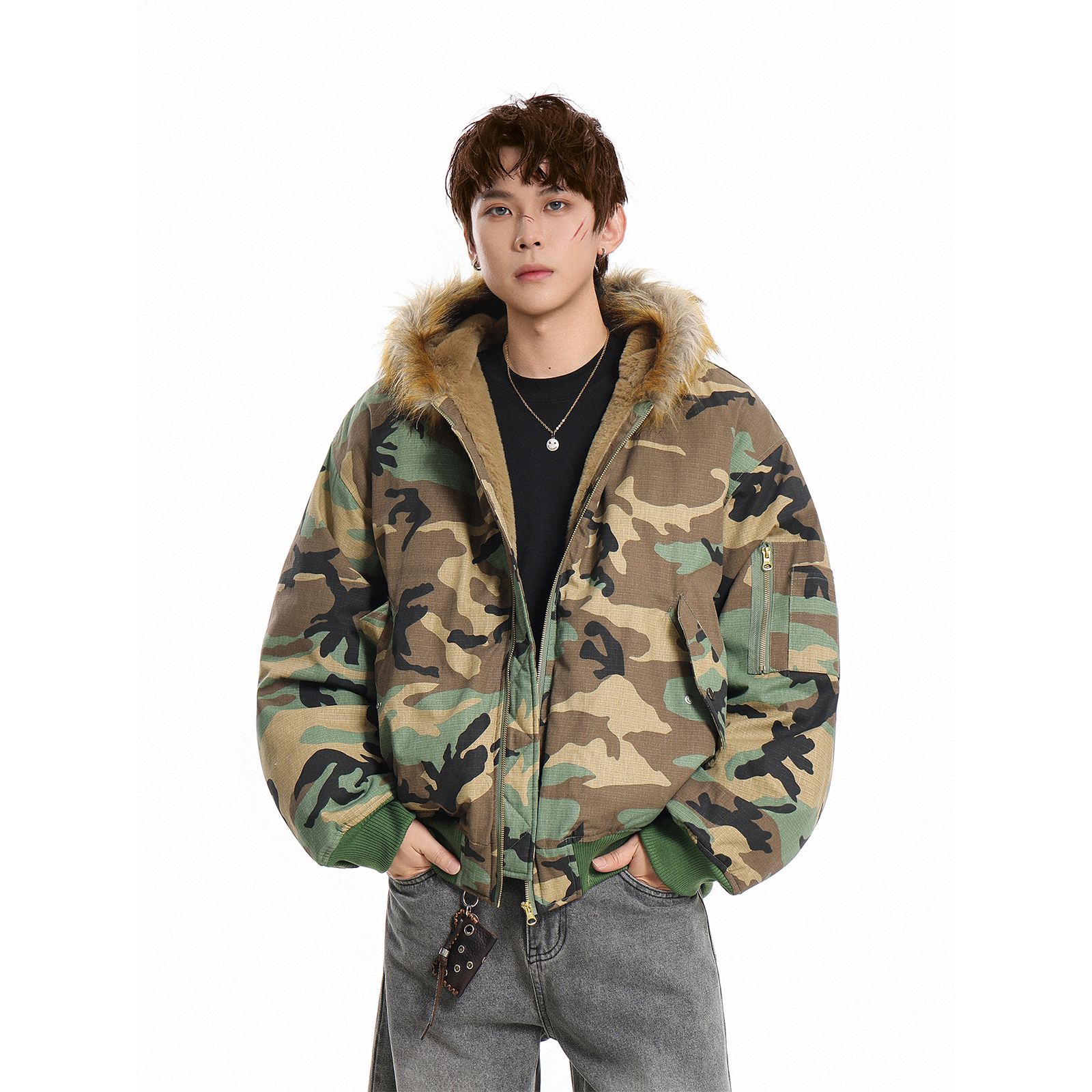 GCINIM401美式迷彩风毛领连帽棉服男女潮牌宽松街头棉衣座山雕