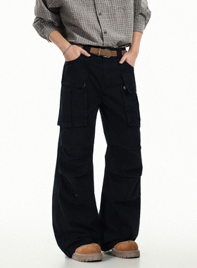 GCINIM401美式工装风黑色多口袋牛仔裤男宽松直筒阔腿裤设计感