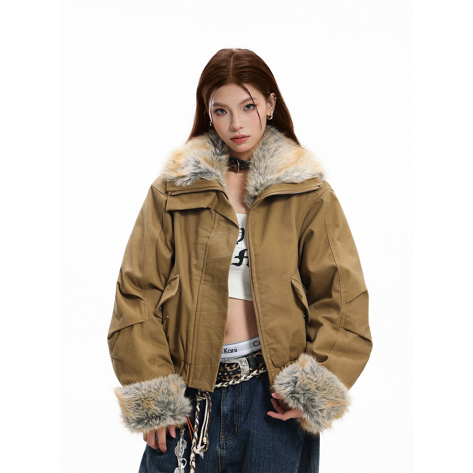 GCINIM401美式复古大毛领派克服女短款冬季宽松廓形毛绒外套