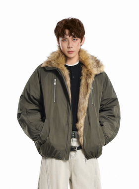 GCINIM401美式复古毛领棉衣男女宽松保暖加厚外套冬季军绿色夹克