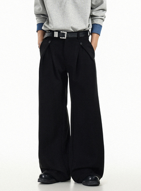 GCINIM401复古老钱风阔腿西裤男宽松直筒长裤黑色休闲裤高腰垂感