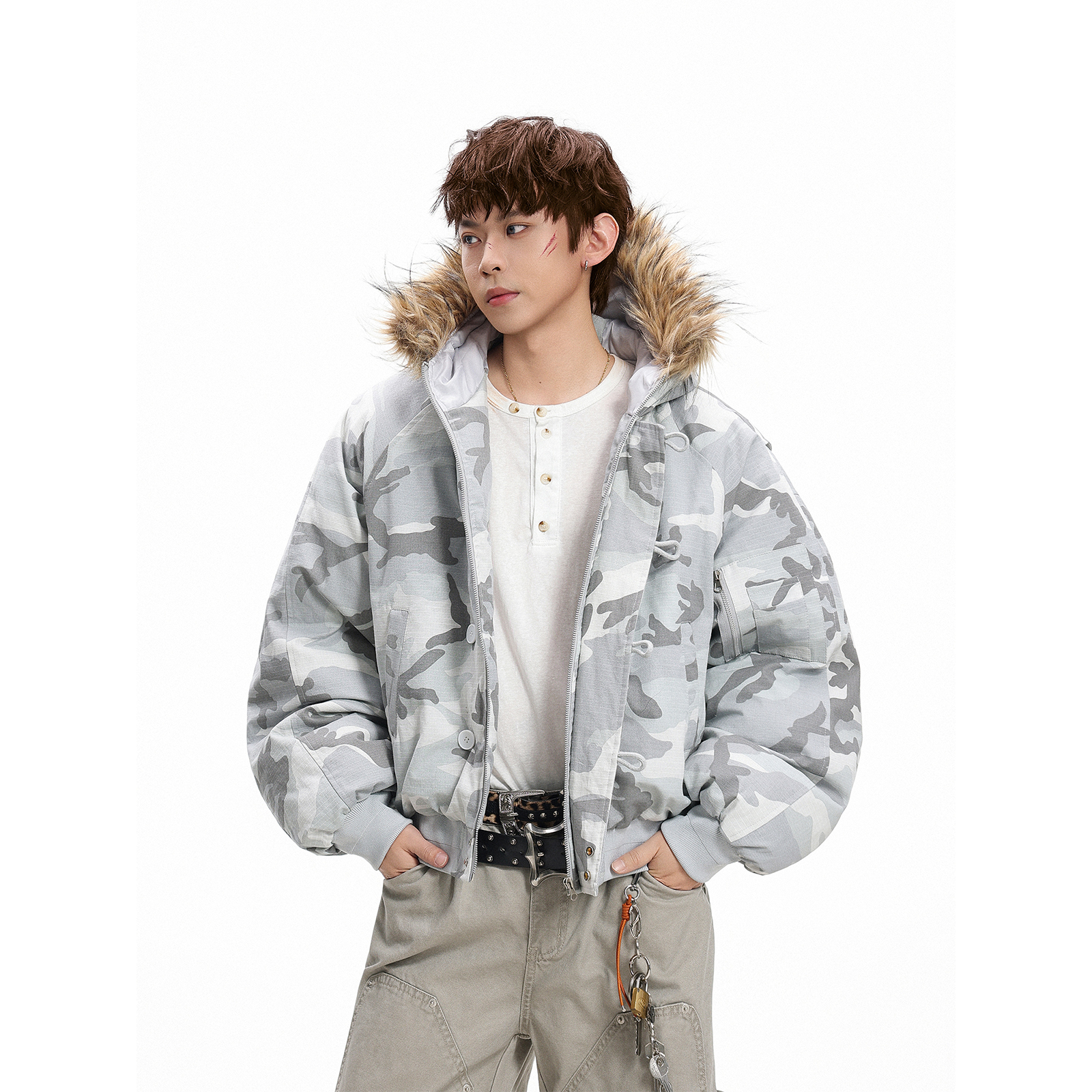 GCINIM401美式迷彩风毛领连帽棉衣男女冬季加厚保暖外套座山雕