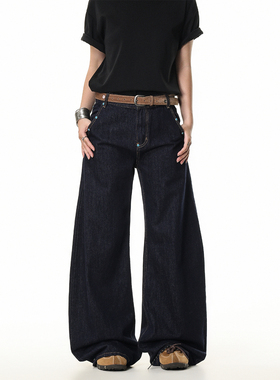 GCINIM401美式复古简约蓝色直筒牛仔裤男秋季新款宽松阔腿拖地裤