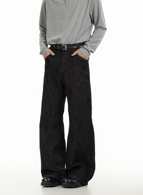 GCINIM401美式复古廓形牛仔裤男女红色分割线设计宽松阔腿长裤