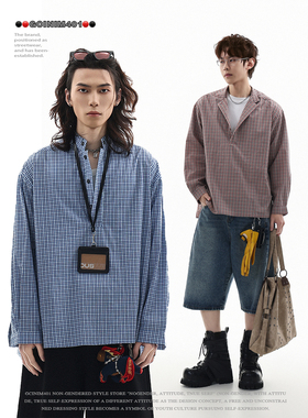 GCINIM401美式复古风立领格子衬衫男宽松日常百搭长袖休闲衬衣潮