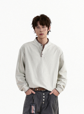 GCINIM401美式复古休闲慵懒风亨利领长袖T恤男女宽松百搭灰色上衣