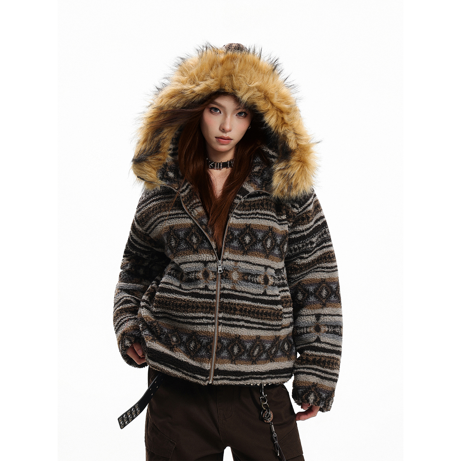 GCINIM401欧美复古费尔岛毛领连帽羊羔绒外套男女摇粒绒加厚棉服