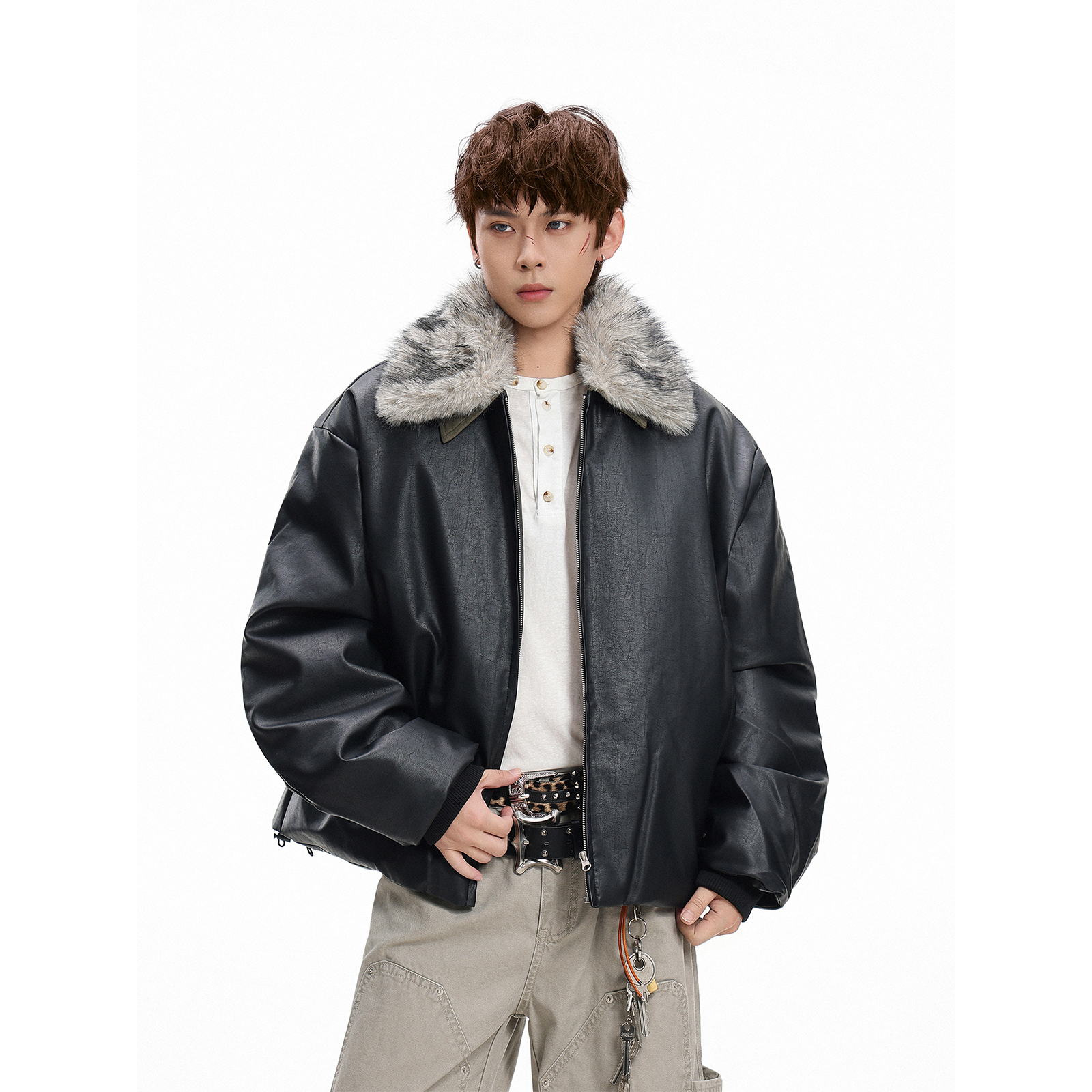 GCINIM401美式复古黑色翻领毛领皮衣男女冬季潮牌保暖加厚外套