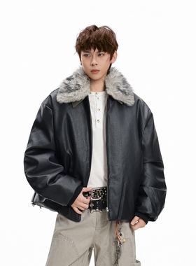 GCINIM401美式复古黑色翻领毛领皮衣男女冬季潮牌保暖加厚外套