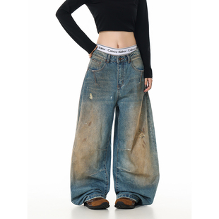 GCINIM401美式复古廓形水洗黄弯刀牛仔裤男女宽松堆积街头长裤子