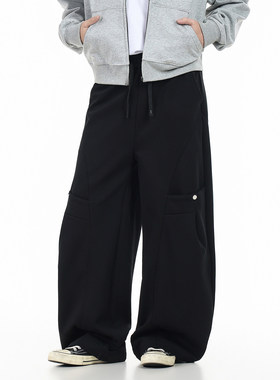 GCINIM401美式工装风黑色阔腿裤男女宽松直筒休闲裤大口袋长裤