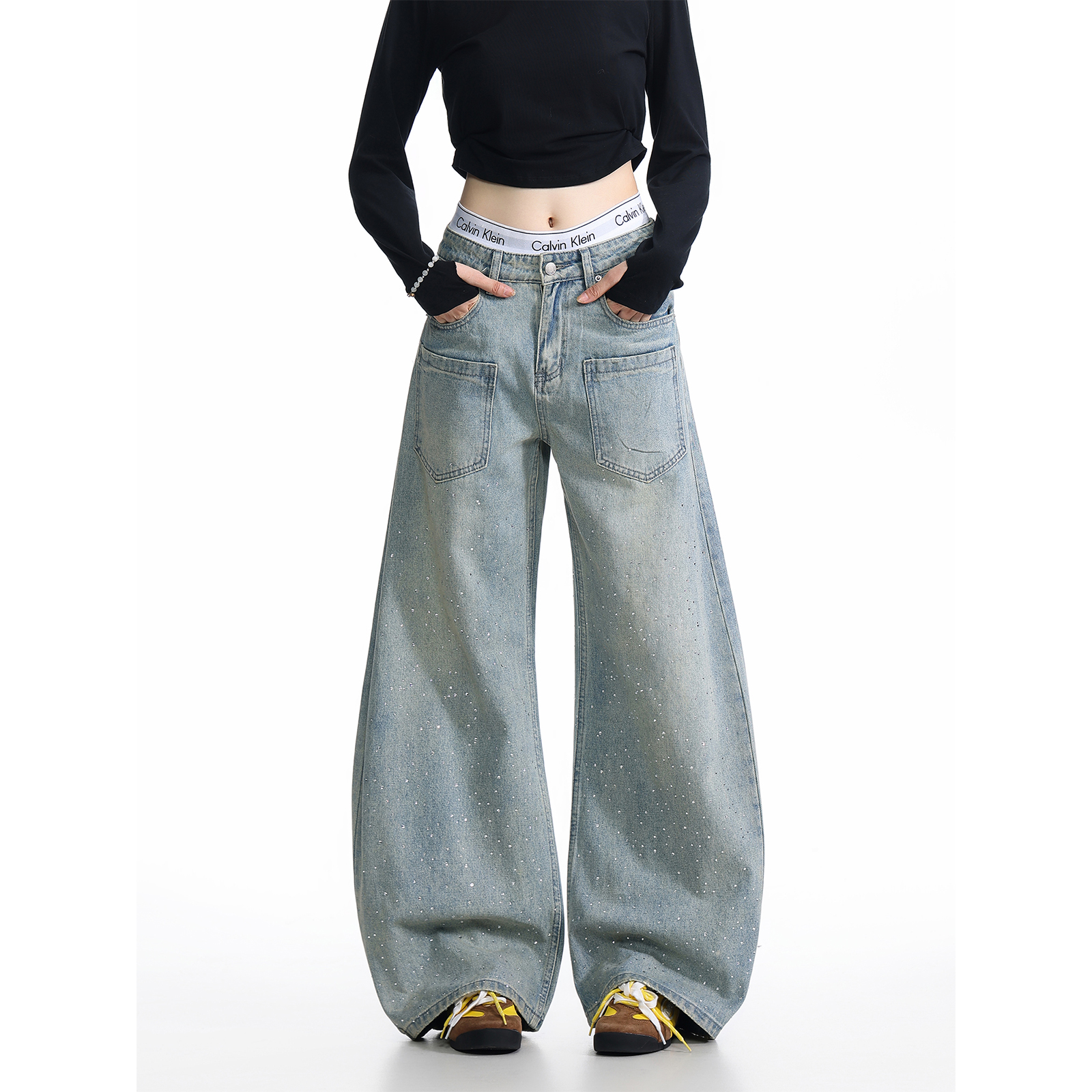 男女反口袋设计感阔腿裤