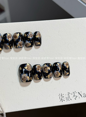 柒贰零Nail 爆火黑金小花深色显白穿戴甲成品可拆卸手工穿戴甲片