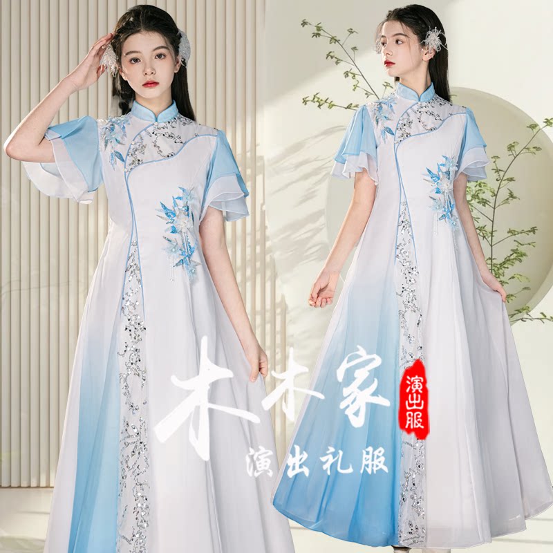 国风高级古筝演奏礼服裙高端中大童民族声乐美声独唱艺考演出服女图片