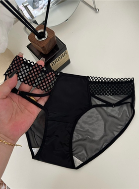 法式纯欲风~黑色女士低腰性感高开叉网纱蕾丝缎面镂空女生内裤女