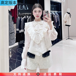 定制2025冬季新款温柔蝴蝶结荷叶边欧根纱小立领纯色长袖衬衫女潮