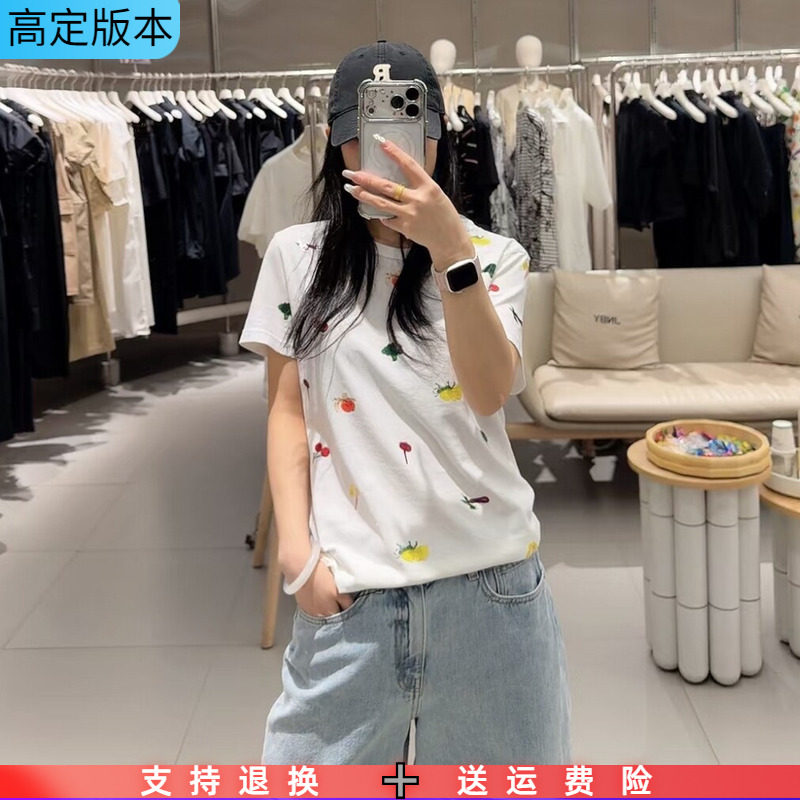 定制2026夏新款圆领卡通手绘蔬果印花休闲百搭通勤棉短袖T恤女潮