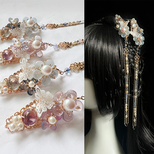 汉服女款头饰蝴蝶发饰古风流苏紫色儿童发夹明制简约日常旗袍对夹