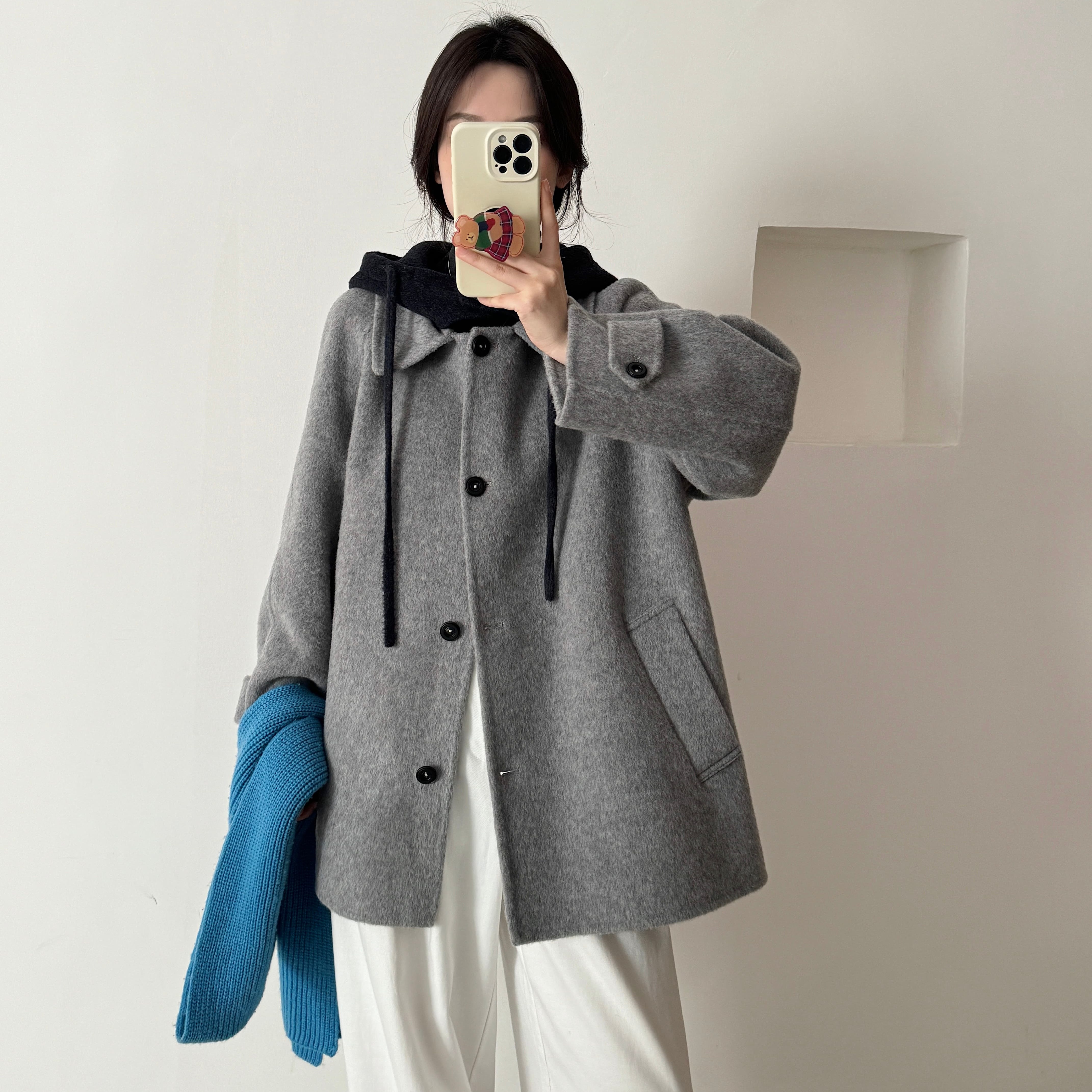 miu系连帽撞色中长款双面大衣女