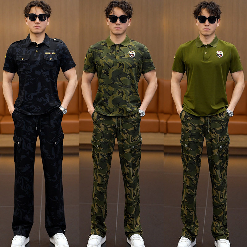 男装春季新款夏迷彩服套装女翻领短袖T恤显瘦弹力长裤工作服套装
