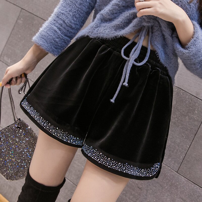 网红重工烫钻欧洲站加厚松紧高腰金丝绒阔腿短裤女新款秋冬靴裤潮|msdalam kategori Butik wanita / wanita, seluar, seluar santai - dari Buy2taobao.com untuk memberikan perkhidmatan ejen Taobao profesional membeli