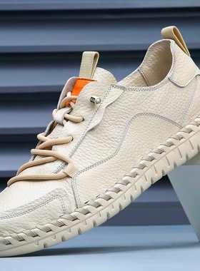 头层牛皮男鞋休闲男皮鞋男士小皮鞋透气吸汗软底无胶水手工缝线