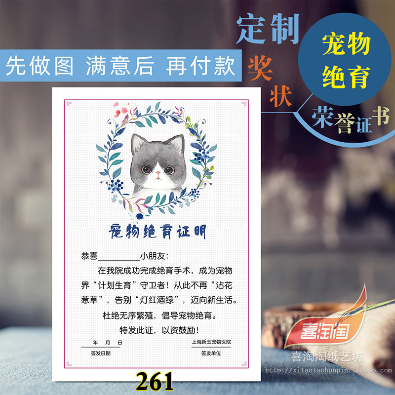 定制宠物医院猫咪绝育证书动物诊所狗狗计划生育光荣证明纪念奖状