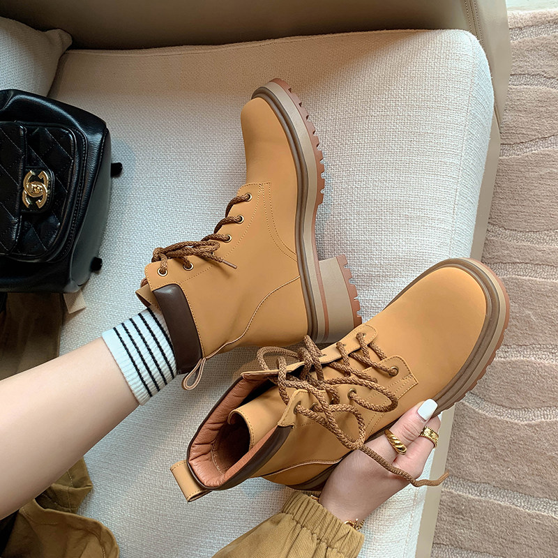 欣秀//英伦风真皮大黄靴女工装短靴系带厚底马丁靴复古女靴