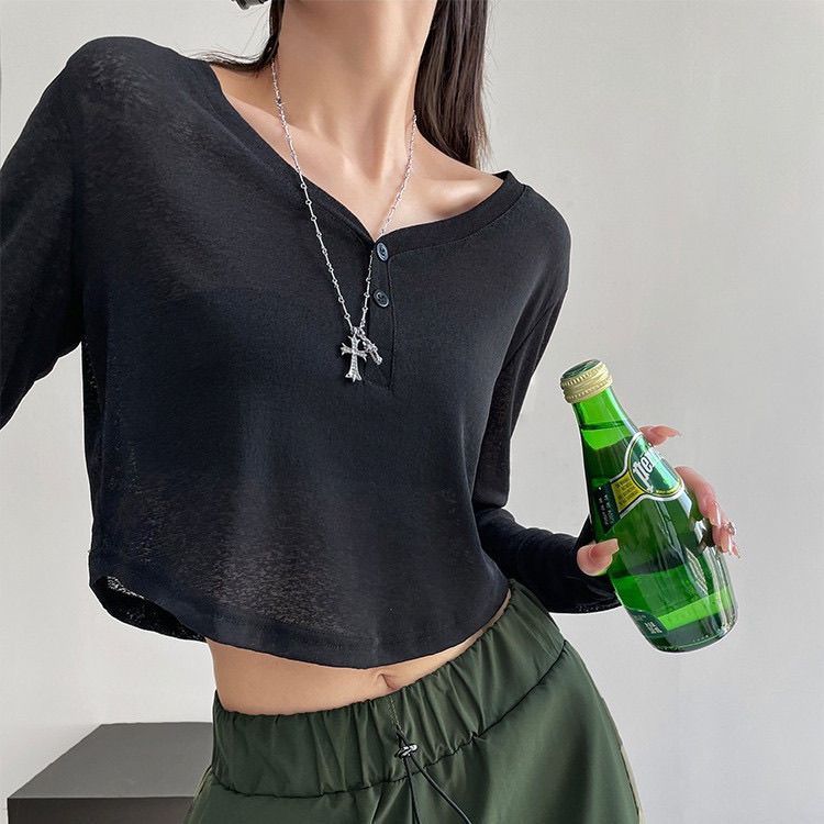 V领罩衫薄纱上衣长袖T恤女春秋休闲韩系爵士舞穿搭防晒短款微透
