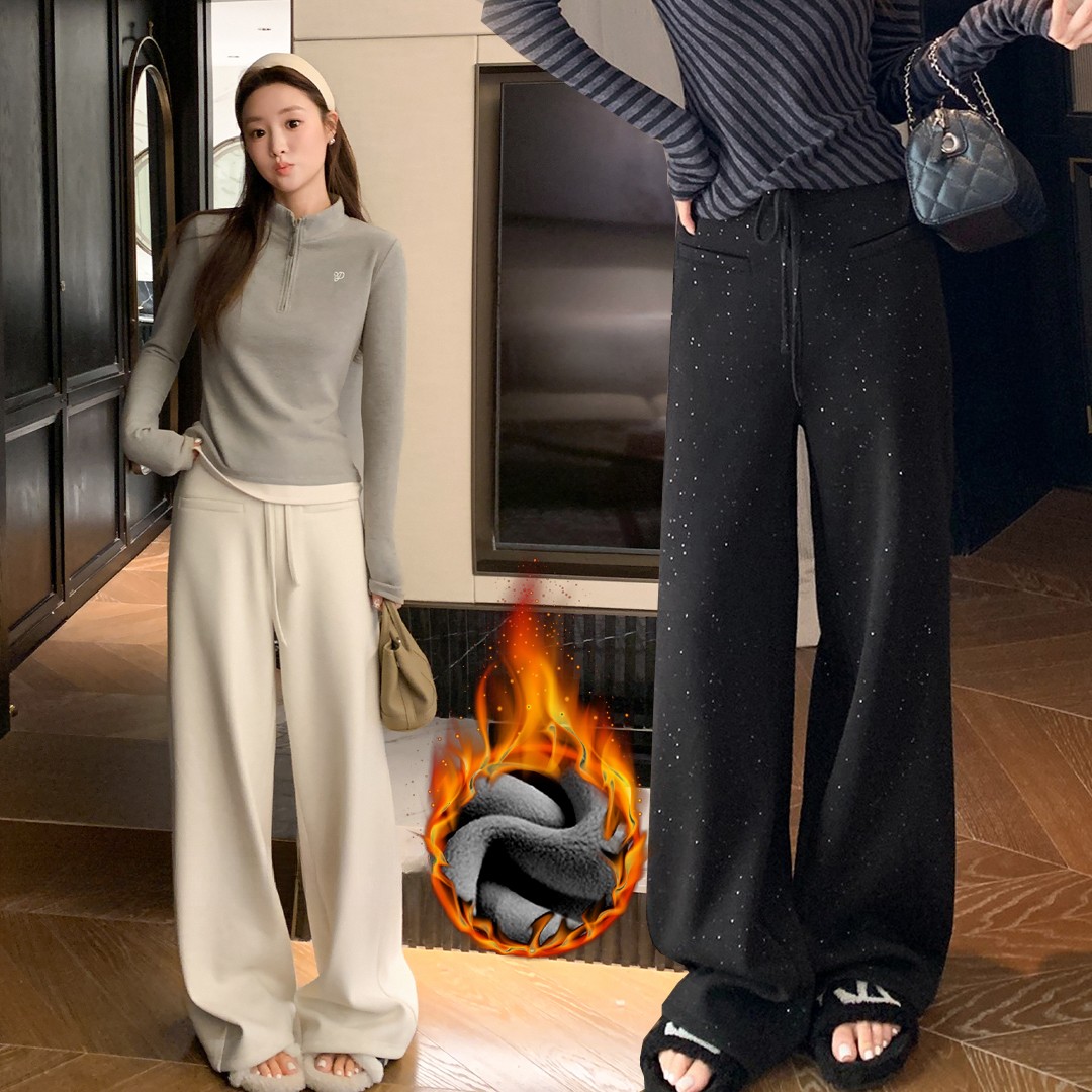 孕妇裤子秋冬季抽绳外穿加绒加厚垂感休闲裤宽松阔腿裤高腰直筒裤