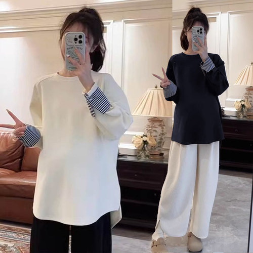 孕妇装秋冬季上衣大码宽松长袖圆领卫衣时尚冬装外穿假两件打底衫