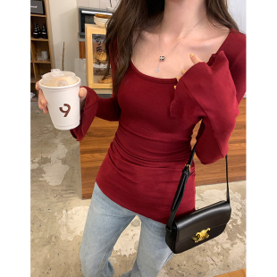 T恤早春孕期打底衫 上衣弹力喇叭袖 春秋冬产前后方领女修身 孕妇装