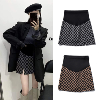 孕妇裙子秋冬装棋盘格子托腹半身裙大码开叉包臀气质显瘦a字短裙