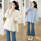 2026新款 圆领荷叶边拼接娃娃衫 春季 A字裙法式 孕妇上衣 长袖 孕妇装