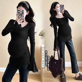 辣妈皱褶女打底衫 显瘦上衣大方领喇叭袖 春秋冬弹力修身 孕妇针织衫