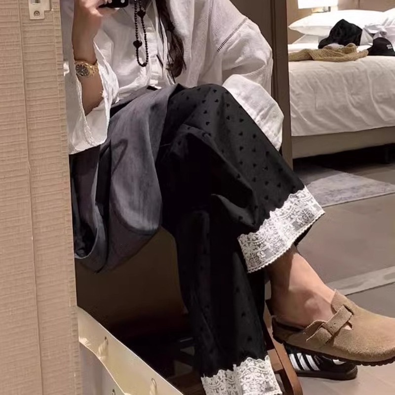 孕妇裤子夏春秋蕾丝边小爱心印花休闲裤宽松慵九分裤女宽松阔腿裤