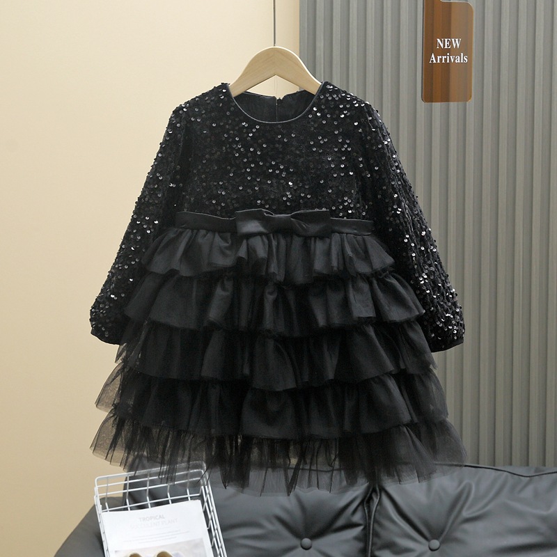冬女童黑色亮片礼服裙加绒蛋糕裙