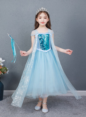 Frozen冰雪奇缘2艾莎公主裙夏季无袖女童演出服纯棉蓝色披风长裙6