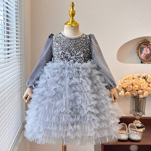女童丝绒连衣裙2024秋冬高级感亮片蝴蝶结加绒新年演出花童凸凸裙
