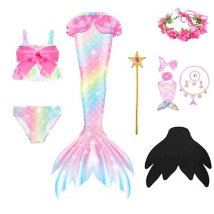 外贸童装女童彩色美人鱼泳衣儿童蝴蝶结鱼尾巴比基尼三件套沙滩衣
