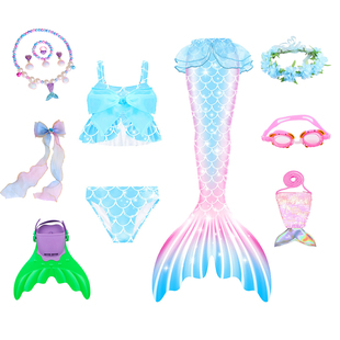 爆款女童美人鱼游泳衣鱼尾巴分体泳衣三件套吊带彩色鱼鳞温泉泳装