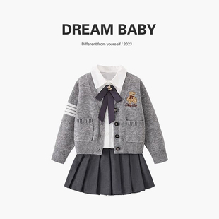 JK英伦学院风女童百褶裙子制服三件套装儿童洋气时髦2026秋冬新款