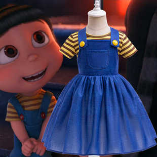 新品拼接色连衣裙女童cos小黄人条纹背带连衣裙儿童表演礼服套装