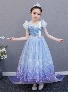 新款冰雪奇缘2艾莎公主裙小女孩泡泡袖碎花长款艾尔莎Elsa生日裙
