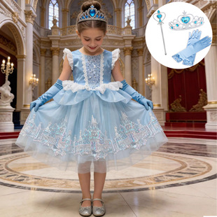 新款灰姑娘辛德瑞拉表演礼服夏季女童艾莎公主城堡绣花无袖亮片裙