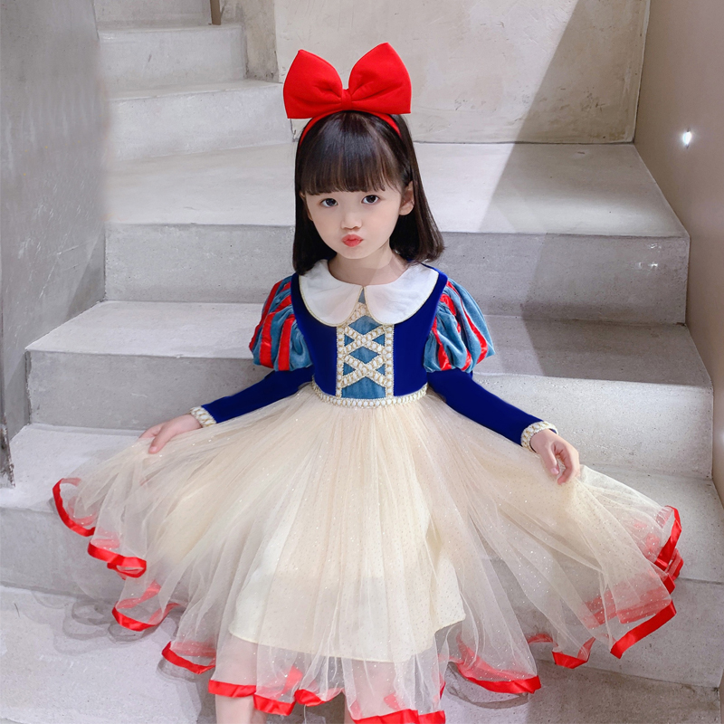 秋冬女童白雪公主裙生日礼服娃娃领长袖洋气蓬蓬裙万圣节表演服装